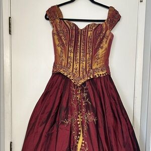 Burgundy and Gold Embroidered Corset Gown Prom Sweet 16 Quincenera Dress Shawl